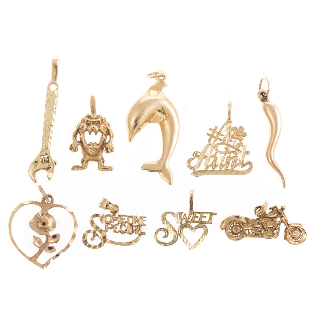 A Collection of 9 14K Gold Charms: collection of 9 individual charms including; dolphin, Italian horn, wrench, motorcycle, Tazmanian devil, heart, sweetheart, #1 Aunt and Someone Special, 10.4 grams tw