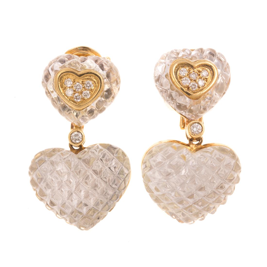 A Pair of Crystal & Diamond Earrings by Sabbadini: 18K yellow gold carved crystal and diamond heart earring by Sabbadini made in Italy, top and drop heart shape design, posts with Omega backs, 1.5 in. L, 22.7 grams