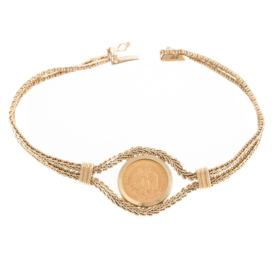 A Ladies 14K Mexican Coin Bracelet: 14K yellow gold braided chain bracelet featuring a 1945 Pesos coin in the center, hidden box clasp with figure 8 safety, 7.25 in. L, 13.4 grams