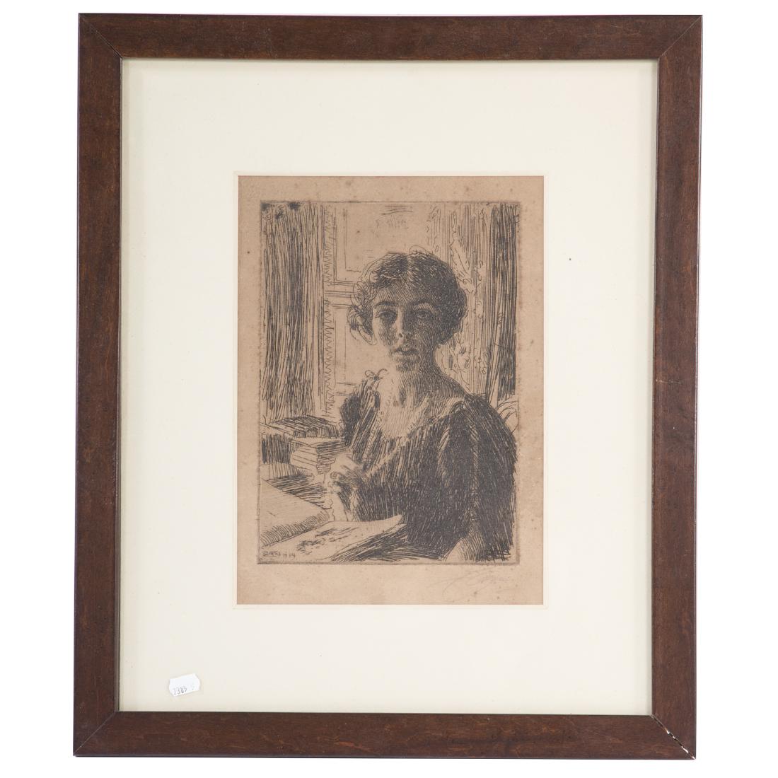 Anders Zorn. Princess Margaret, etching: (Swedish, 1860-1920). "The Crown Princess Margaret of Sweden," pencil signed "Zorn" lr, signed and dated 1914 in plate ll, plate size: 9 3/4 x 7 in., framed
