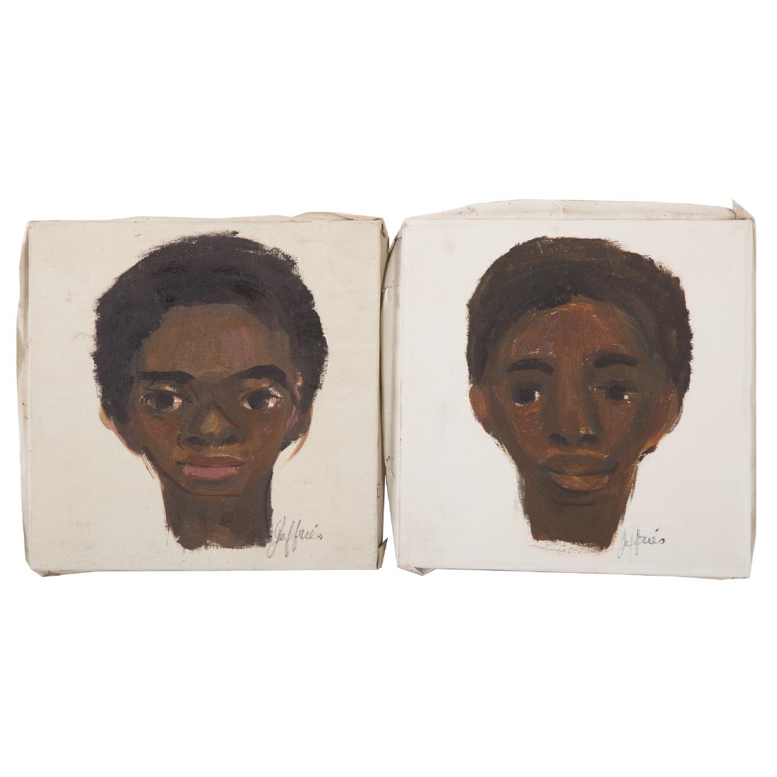 Rosalind Jeffries. Lot of Two Faces, Oil on Canvas: (American, b. 1938). 1) "Image of Black Youth #4," 1970, signed "Jeffries," lr, 12 x 12 in., unframed 2) Untitled, signed "Jeffries," lr, 12 x 12 in., unframed; From the Collection of Evangeline "EJ" 
