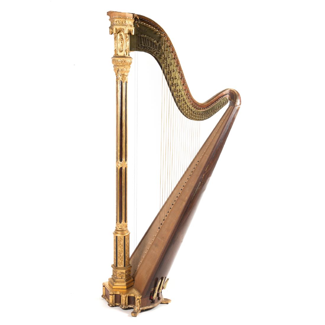 Erard Gothic Revival Rosewood Concert Harp: mid-19th century; rosewood body with eight pedals (eighth pedal for swell) and 46 strings, parcel gilt column with raised Gothic style figural decoration, brass plate inscribed "Erard, 13,21 Rue de Ma