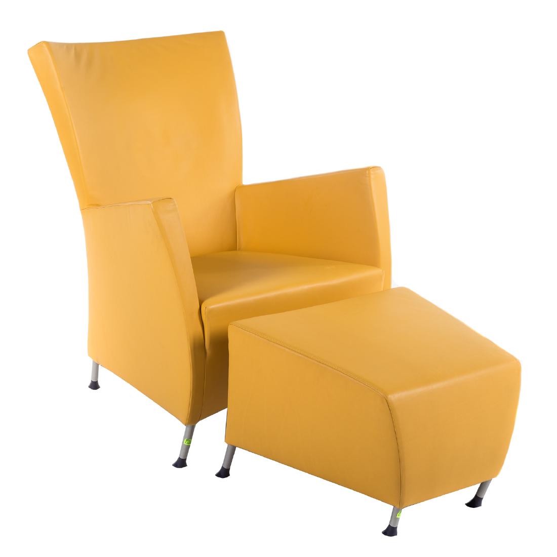 Gijs Papavoine for Montis Windy Chair and Ottoman: Holland, late 20th century; gold leather curved back and panel sides, reclined seat, on curved chromed metal rod legs, with manufacturer's stamped cardboard panel under seat base, 34 in. H.