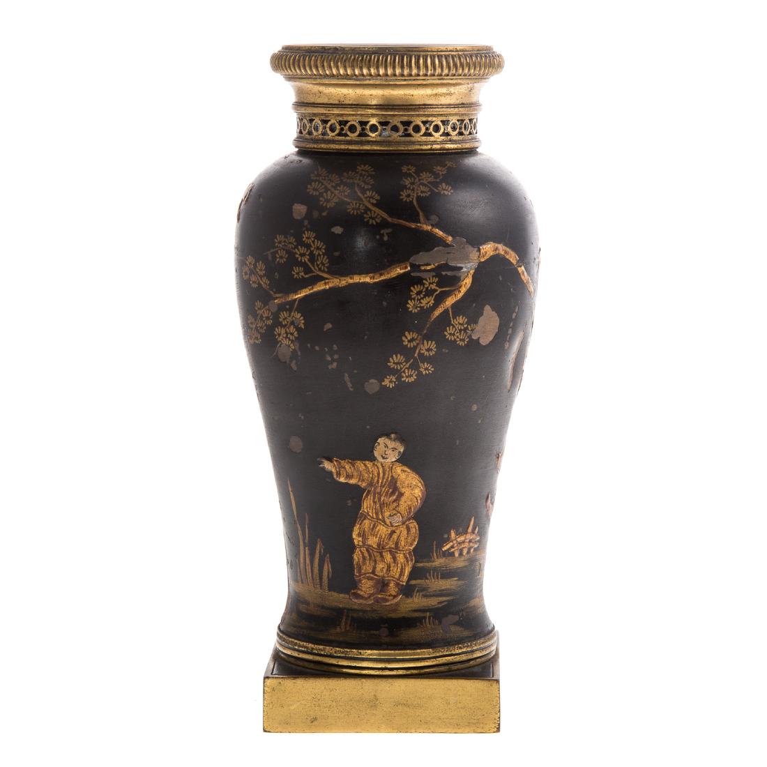 Victorian Chinoiserie Toleware Vase: mid-19th century; meandering decoration of figure in garden with pagoda, with gilt-metal top and base, 7 3/4 in. H.
