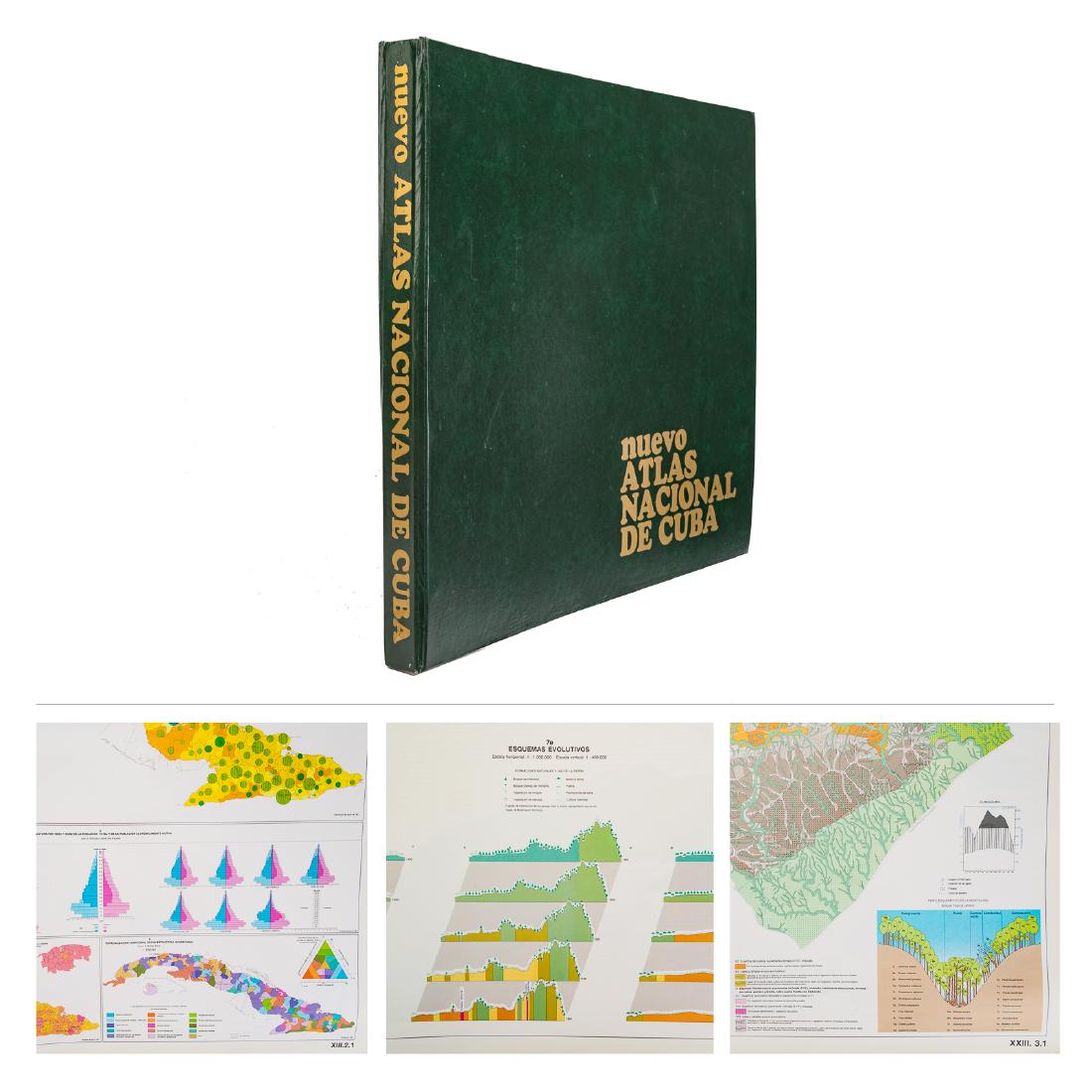 Nuevo Atlas Nacional de Cuba: dated 1989; large and impressive green leatherette-bound volume with color topographical maps and charts, gilt lettering on spine, 21 x 25 in.