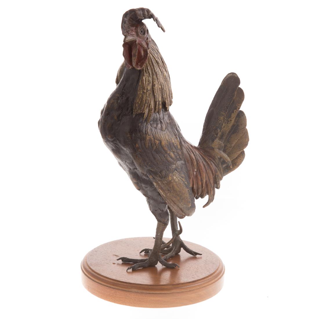 Franz Bergmann. Rooster Cold Painted Bronze: first quarter-20th century; large standing rooster, 12 in. H., with circular wood plinth