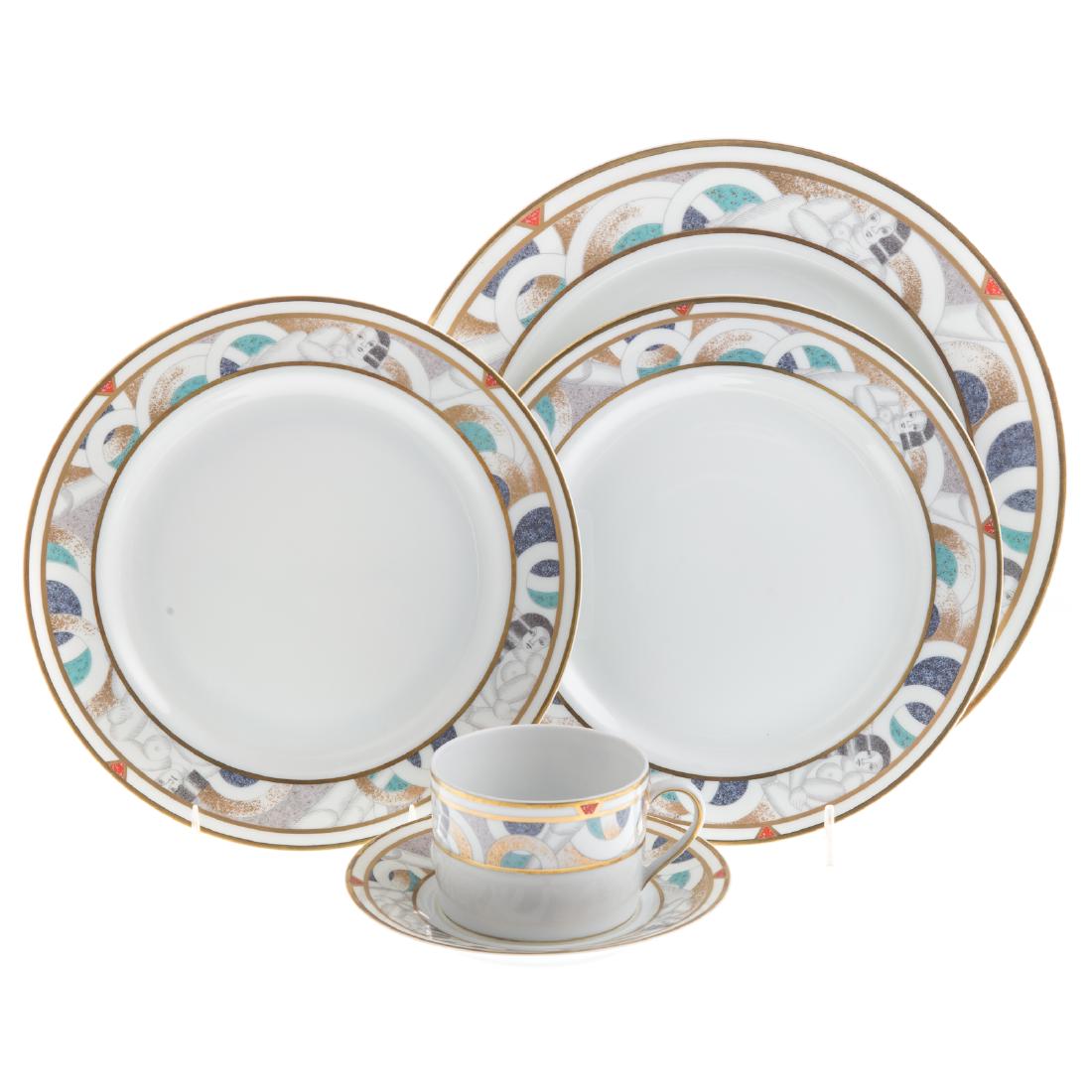 Bernardaud Limoges "Paris" Partial Dinner Service: border band having stylized cubist female nude decoration, 59 pieces, comprising: 12 dinner plates, 12 luncheon plates, 12 dessert plates, 12 teacups, and 11 saucers
