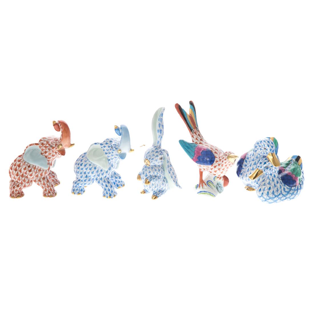 Five Herend Porcelain Fishnet Animals: including: "Blue Fishnet" pattern, elephant, rabbit, and ducks, and "Rust Fishnet" pattern, elephant and thrush, 4 in. H. of tallest