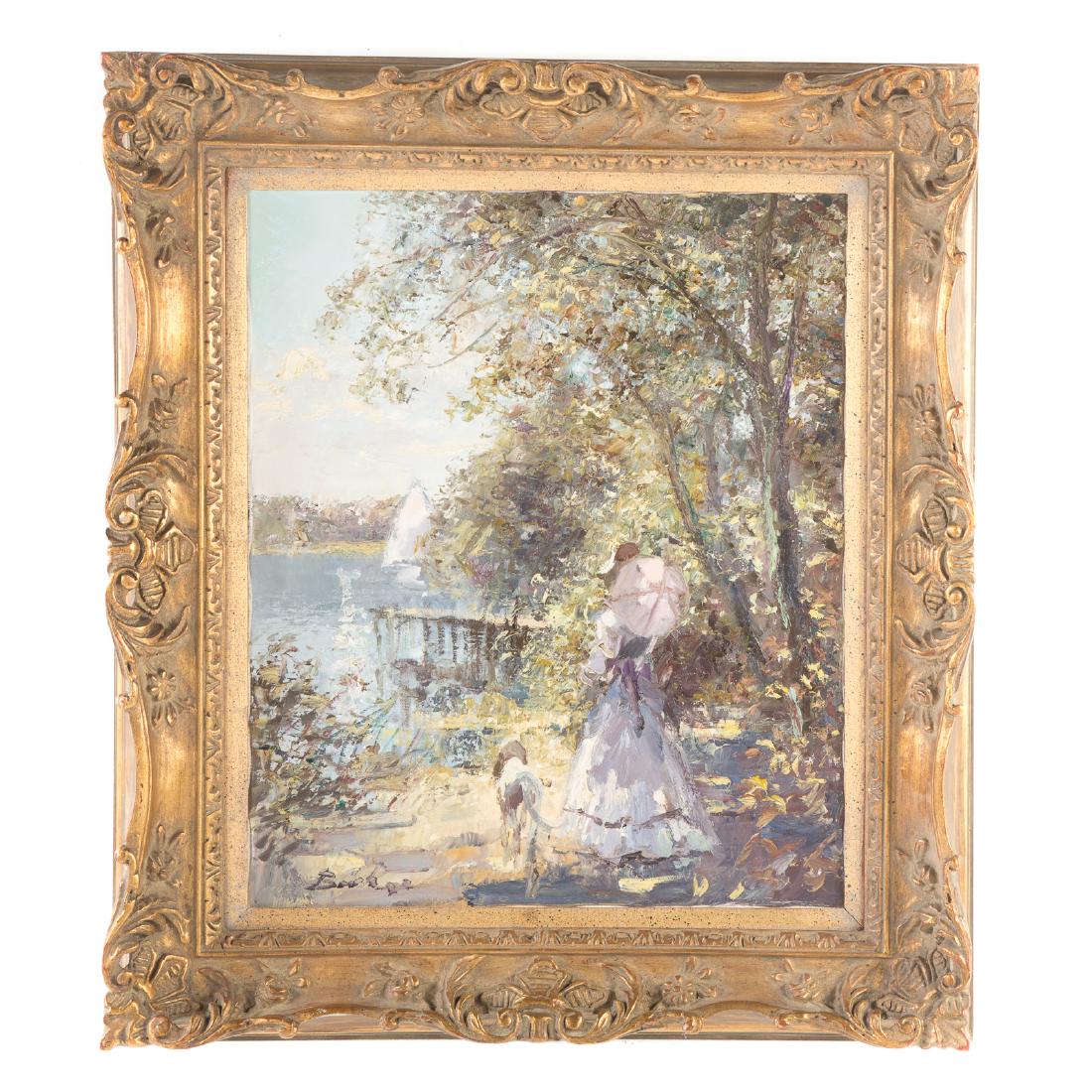 Hans Becker. "Out on a Walk," Oil on Canvas: Hans Joseph Wilhelm Becker. (German, b. 1930). Signed "Becker" ll, 20 x 24 in., framed