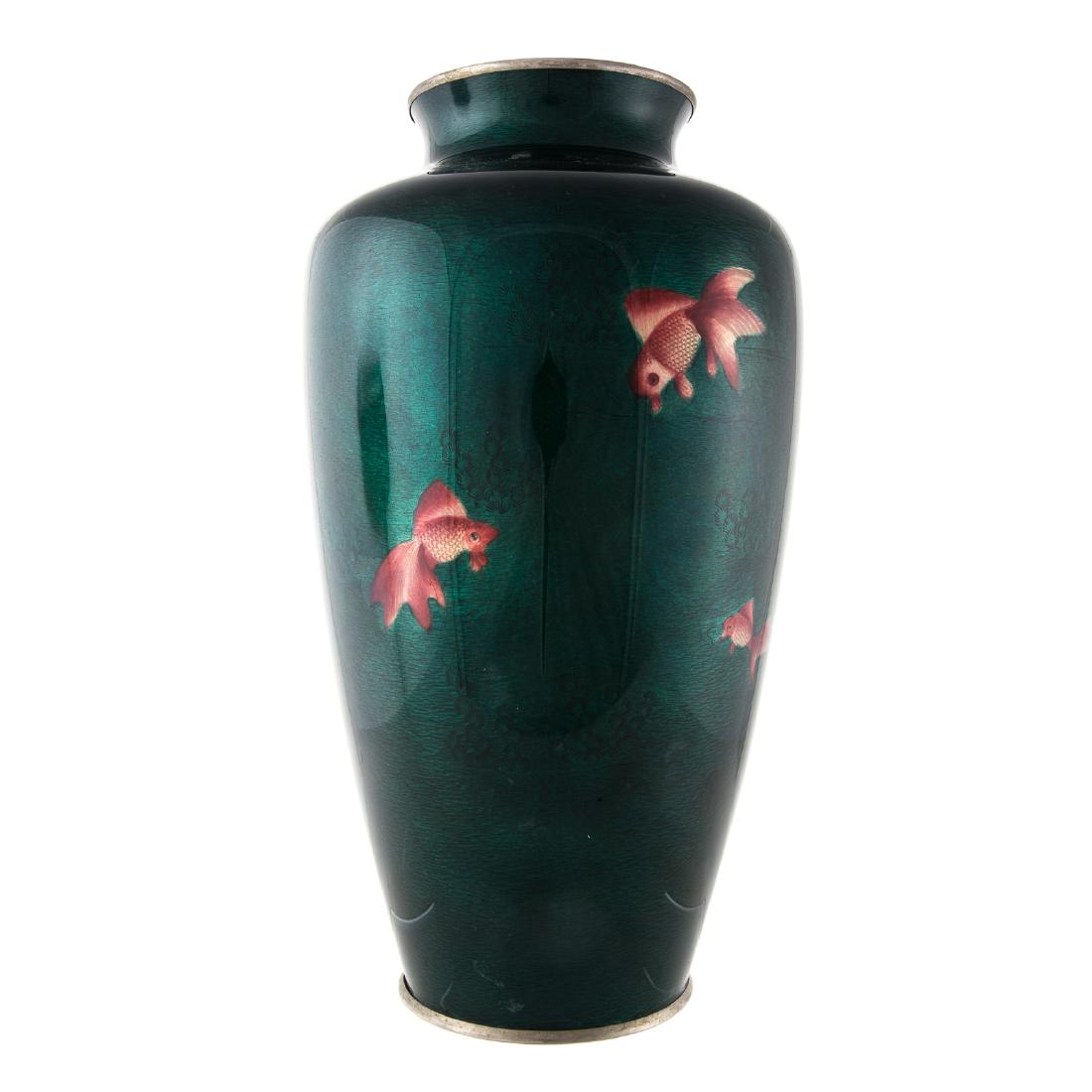Japanese Cloisonne Enamel Vase: early 20th century; green ginbari foil with water plant and duck decoration under the enamel, enhanced with three polychrome carp, 14 1/2 in. H.