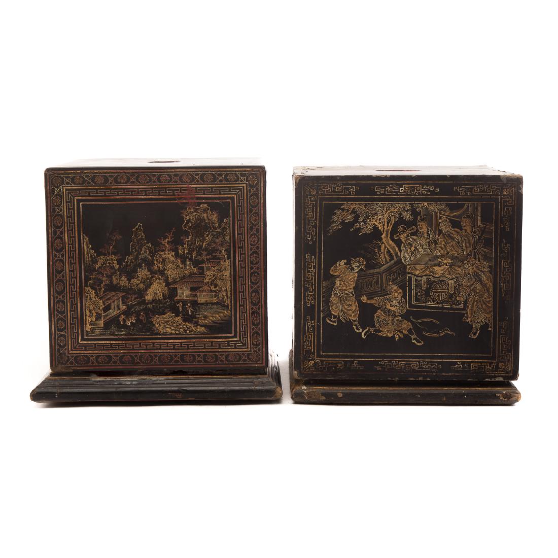 Pair Chinese Black Lacquer Boxes with Bases (1 of 7)