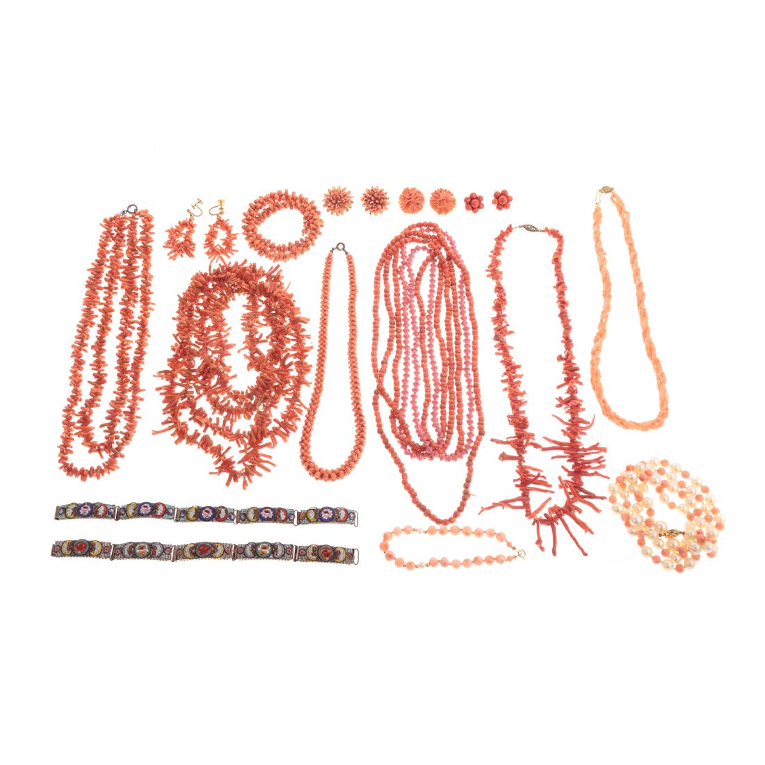 A Selection of Ladies Vintage Jewelry with Coral: Three coral branch style necklaces, with two pair of coordinating earrings in clip and screw back, two gilt micromosaic bracelets, three coral beaded necklaces, one coral wrap around bracelet, pair of