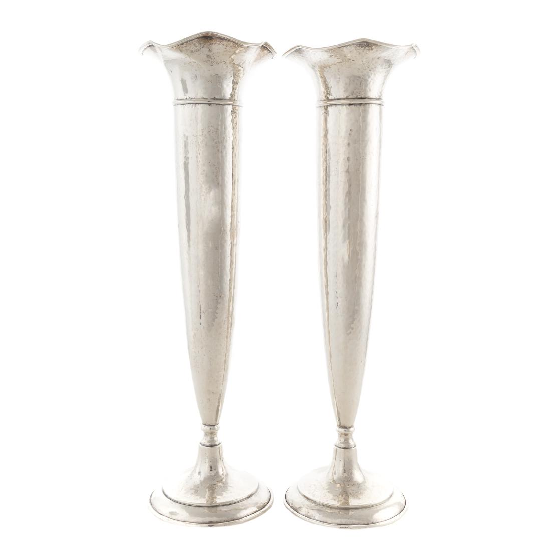 Pair Hammered Sterling Tall Trumpet Vases