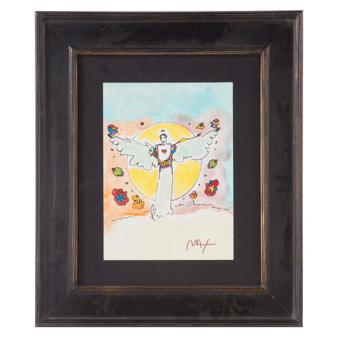 Peter Max. Angel with Heart: (German/American, b. 1937). Watercolor on paper, signed "Max" lr, sheet size: 15 x 11 in., framed