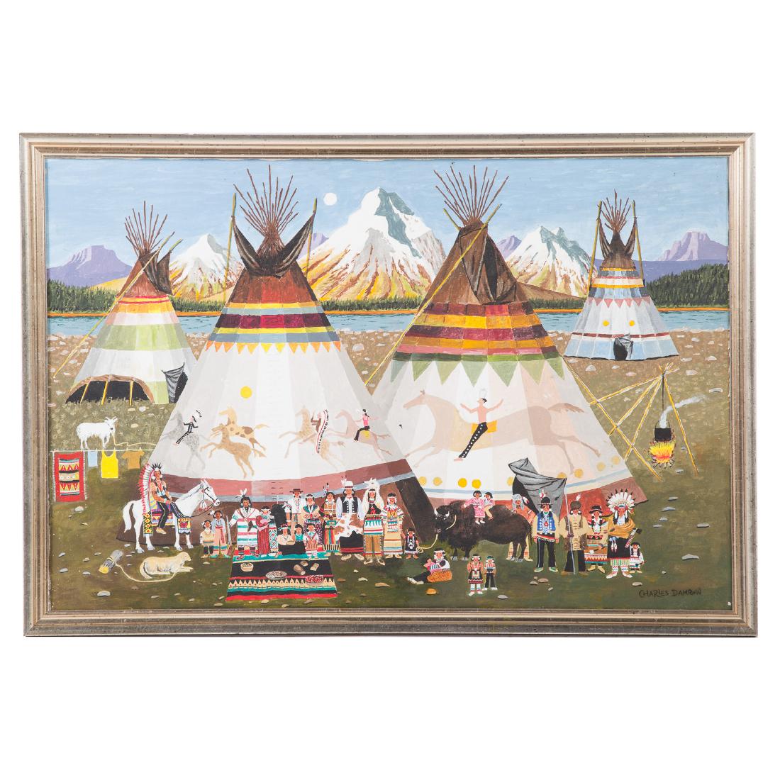 Charles Damrow. Indian Village: (American, 1916-1989). Signed "Charles Damrow" lr, 24 x 36 in., framed