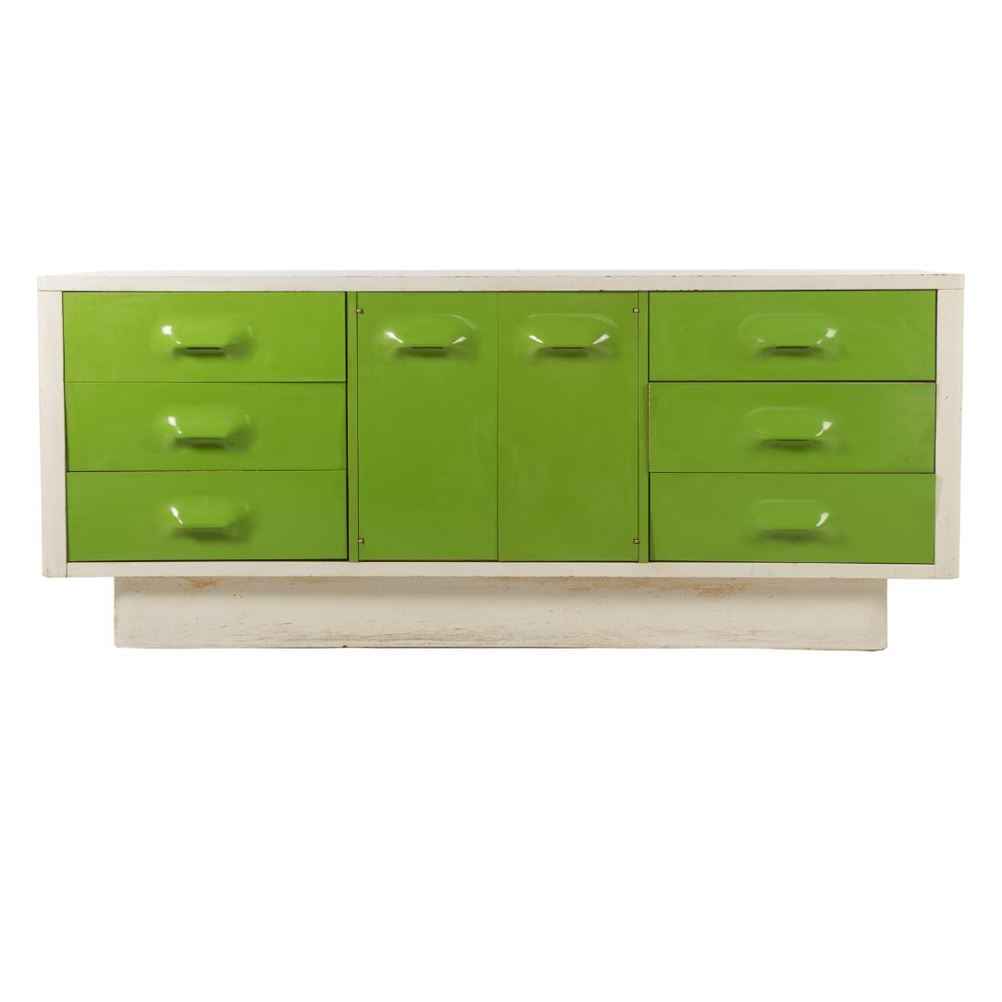 Mid-Century Modern Raymond Loewy Chest of Drawers: Broyhill, circa 1960, green drawer facade in a white laminate case, 30 in. H., 72 1/4 in. W., 19 in. D.