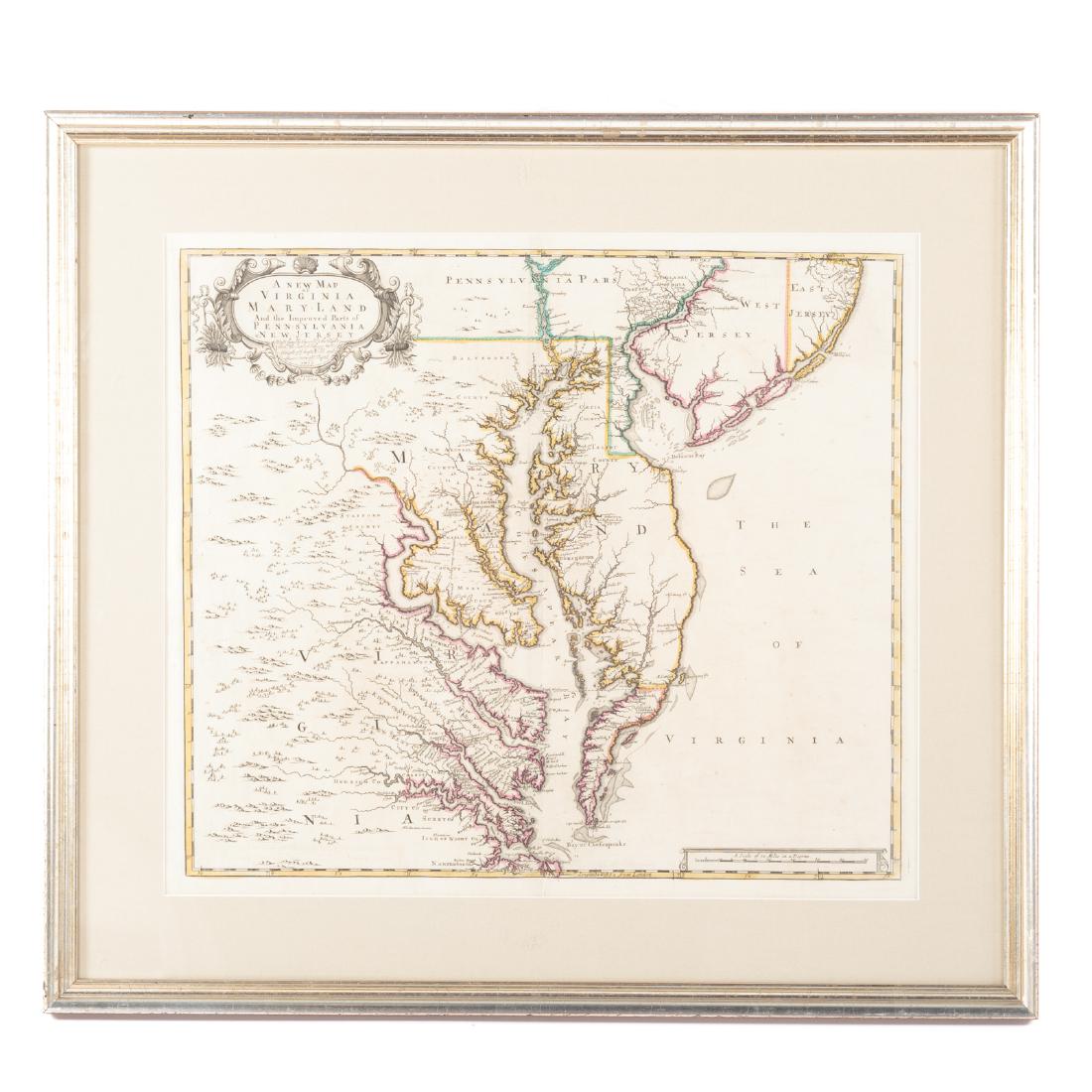 John Senex. New Map of Virginia, Maryland,: (English, 1678-1740). dated 1719, "A New Map of Virginia, Maryland and The Improved Parts of Pennsylvania & New Jersey" hand colored map, 22 3/4 x 20 3/4 in., in silvered and painted wood frame