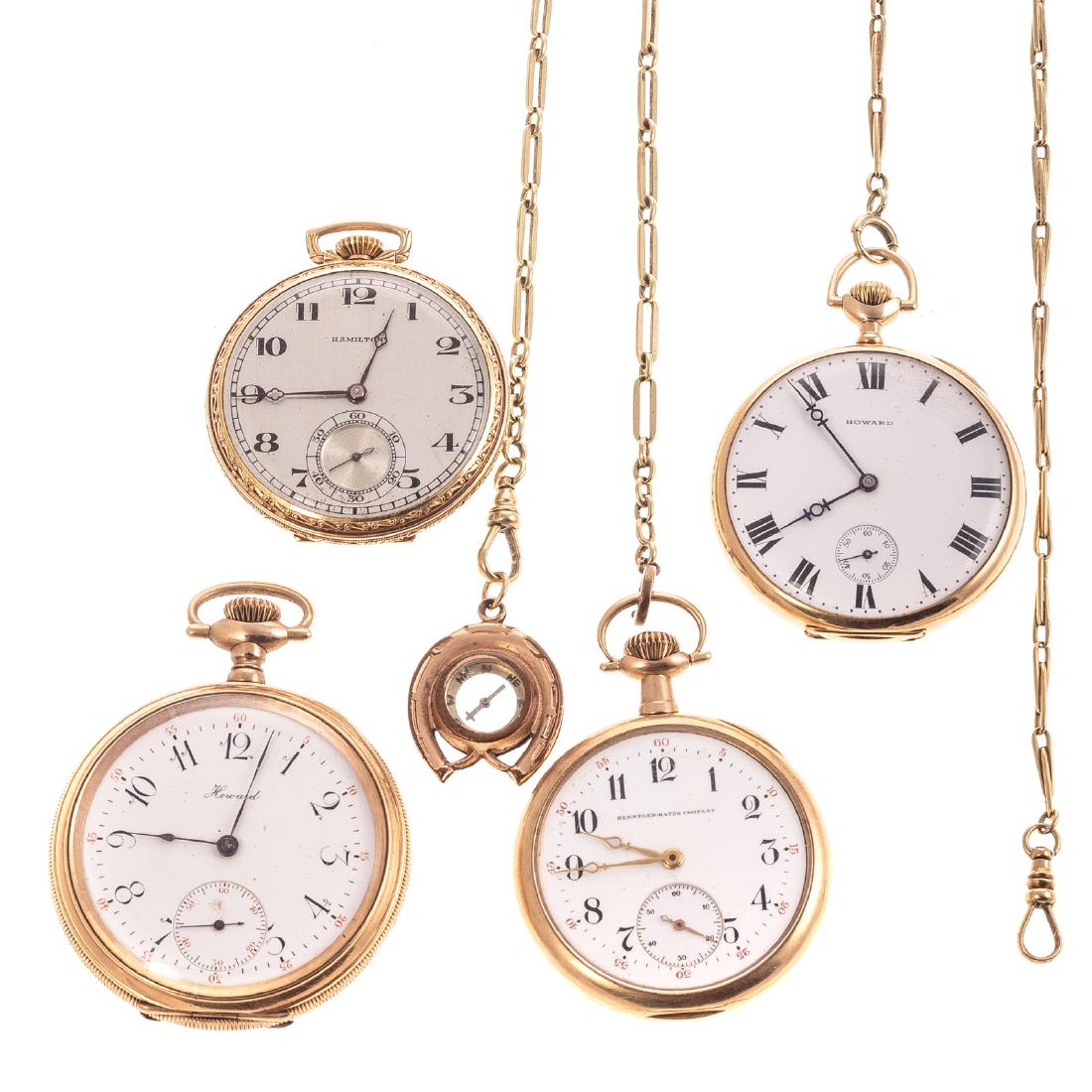 A Selection of Gentlemen's Pocket Watches: 14K yellow gold Howard pocket watch, open face, mechanical movement, Roman numerals, white face with sub dial, 1.90 in. D, along with a 14K yellow gold pocket watch chain, 17 in. L, 79.5 grams tw, alo
