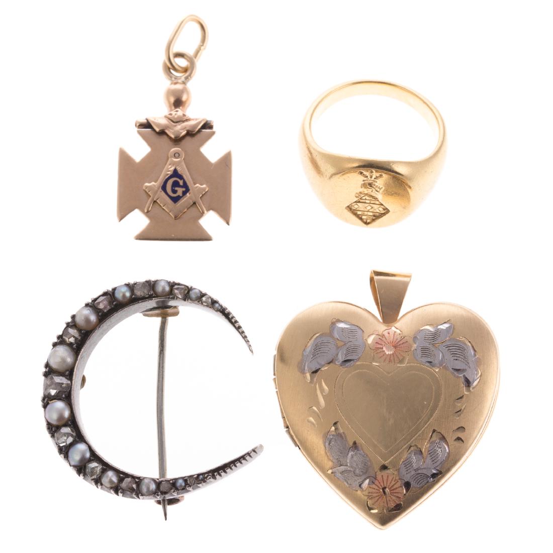 A Selection of Vintage Jewelry with 18K Crest Ring: 1) 18K yellow gold engraved crest pinky ring in a high polished finish, sz 3.25, 2) 14K tri colored gold heart locket unfolding into four photo frames, 1.25 in. L, 3) 10K yellow gold Mason's charm/pen