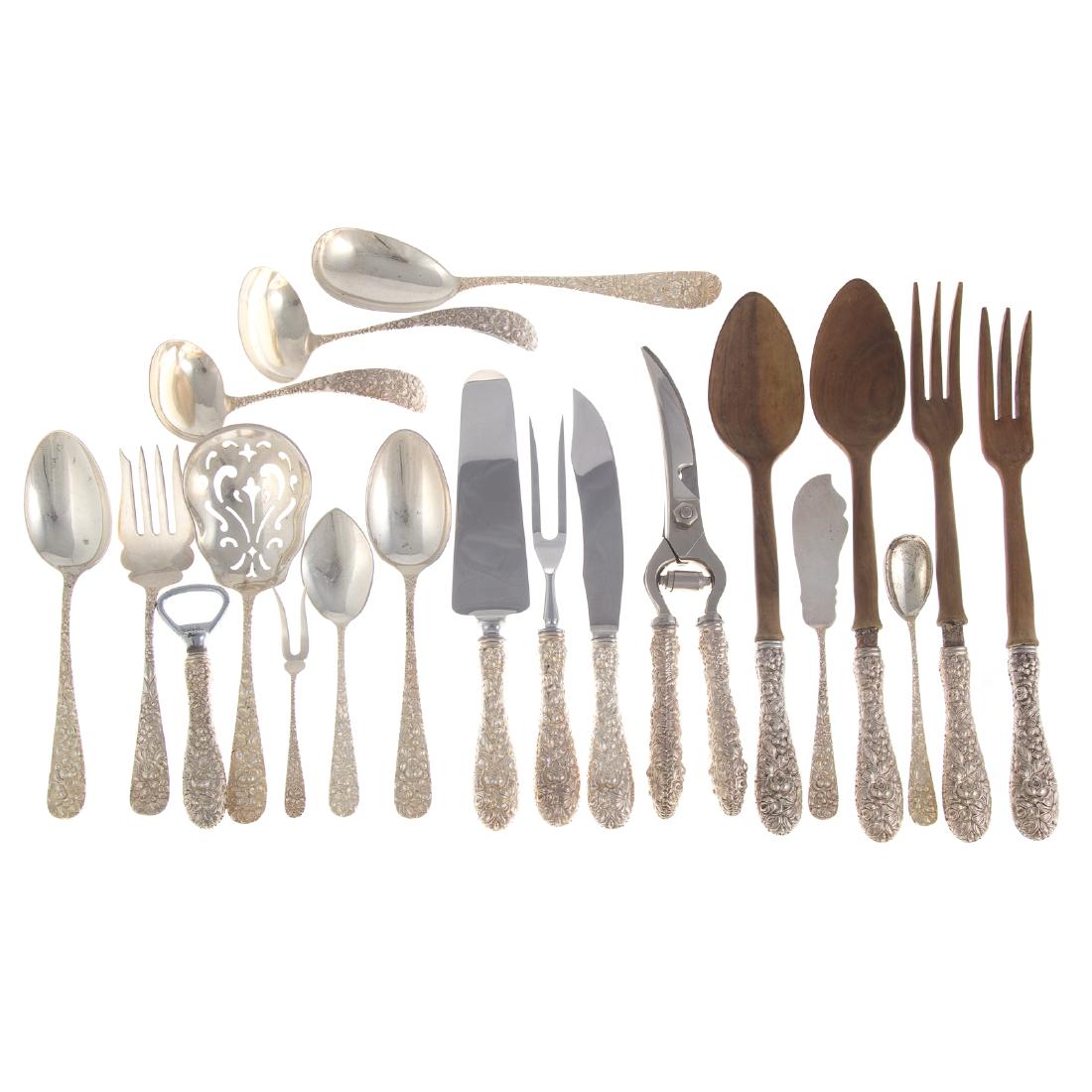 Stieff "Rose" Sterling Serving Pieces (20): Comprising: 3 serving spoons, 2 gravy ladles, master butter knife, meat serving fork, jelly server, pierced serving spoon, lemon fork, jam spoon, bottle opener, 2-pc carving set, poultry sheers, two 2