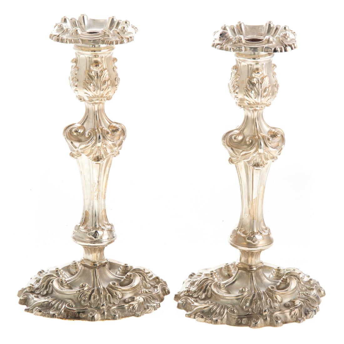 Pair George III Silver Candlesticks: Sheffield, 1816, 8 in. H., No monograms, weighted