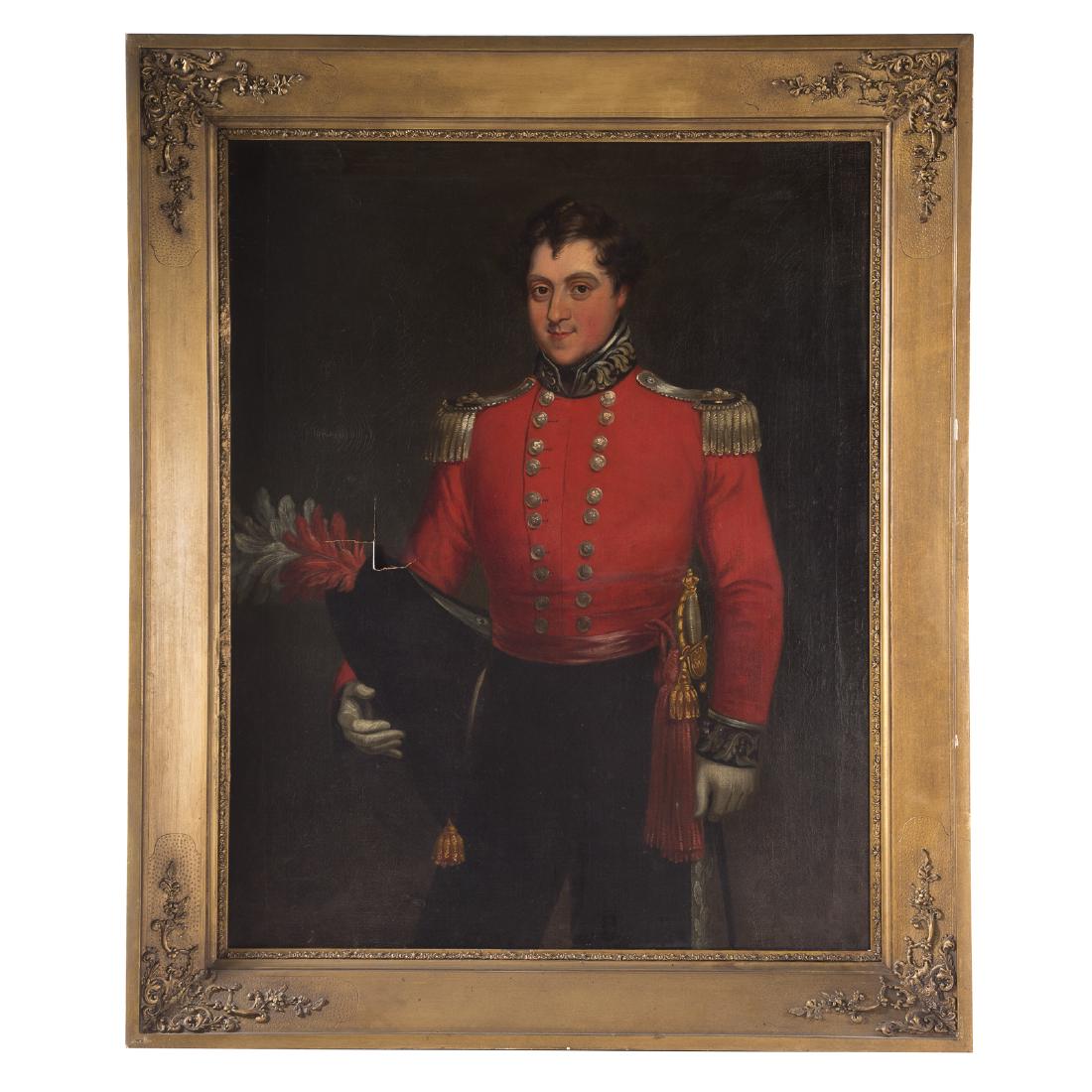 British School, mid 19th c. Portrait of an Officer: Crimean War period. Depicting an officer holding a Bicorn hat, oil on canvas, unsigned, 50 x 40 in., framed