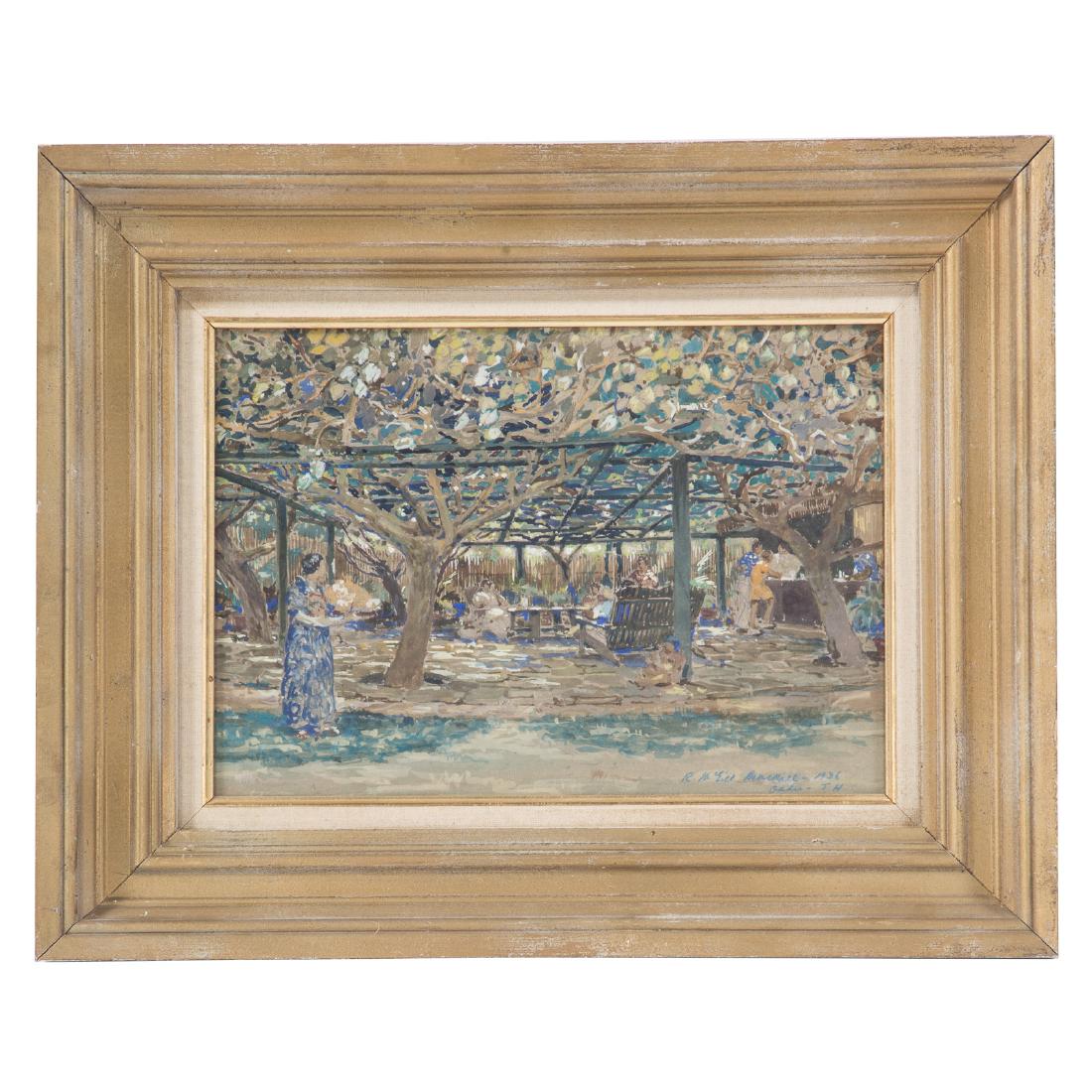 Robert McGill Mackall. "Oahu": (American, 1889 - 1982). Gouache and watercolor on paper, signed and dated "R. McGill Mackall, 1936" lr, titled lr, inscribed "To Gladdie + Bert Lanikai, Oahu, T.H. from Gillie, 1936" on verso, sight