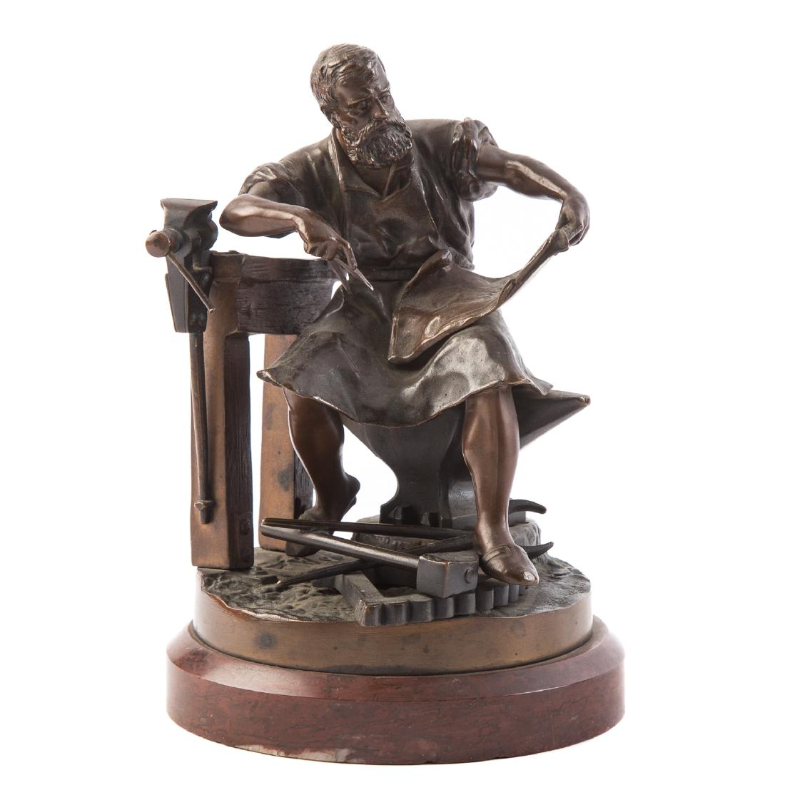 Continental Blacksmith Bronze: 20th century; blacksmith seated on anvil next to workbench reviewing plans, brown patina, unsigned, 6 1/2 in. H., mounted on circular rouge marble base