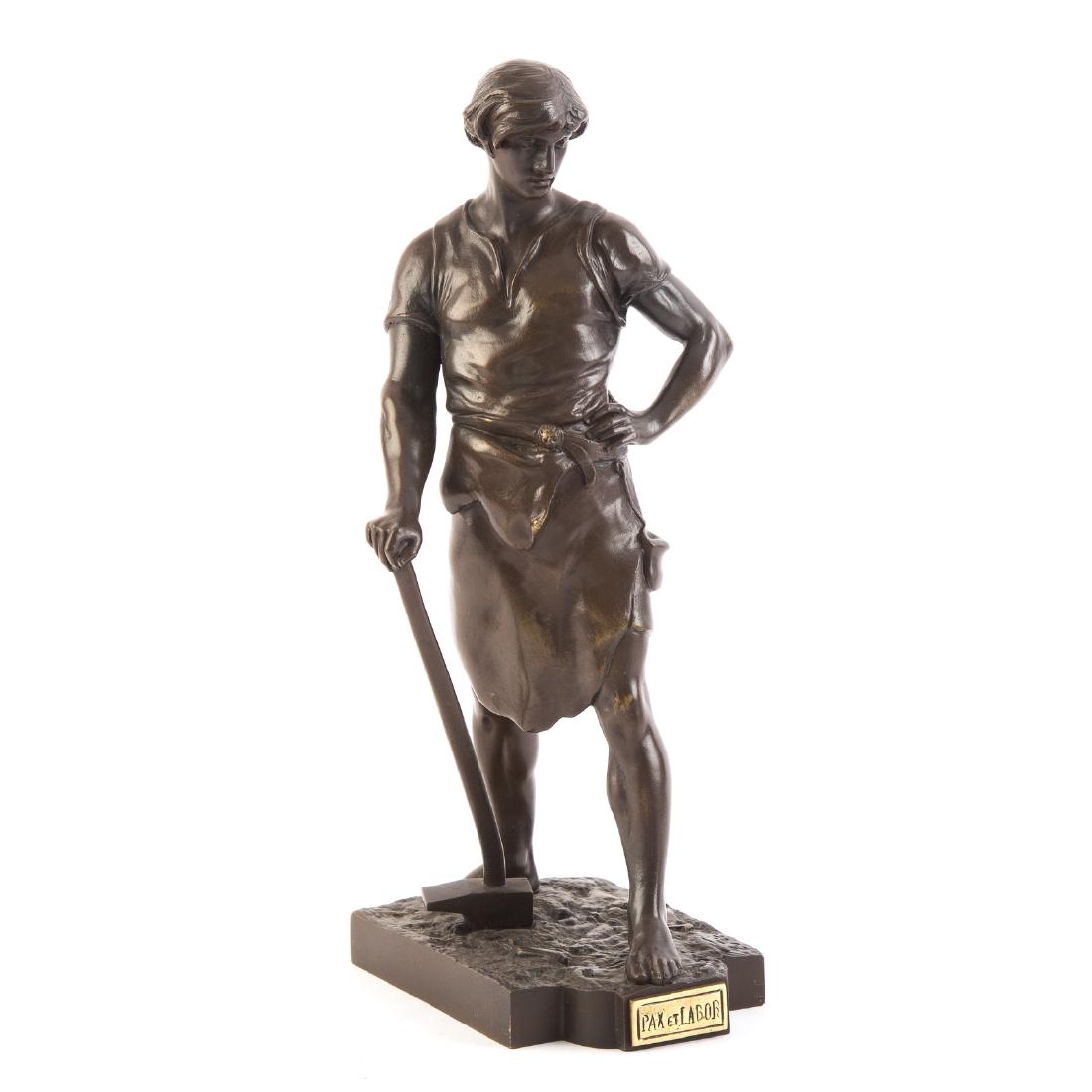Continental School Bronze: Pax et Labor: 20th century; modeled as standing tekton, with brass title plate, 11 in. H.