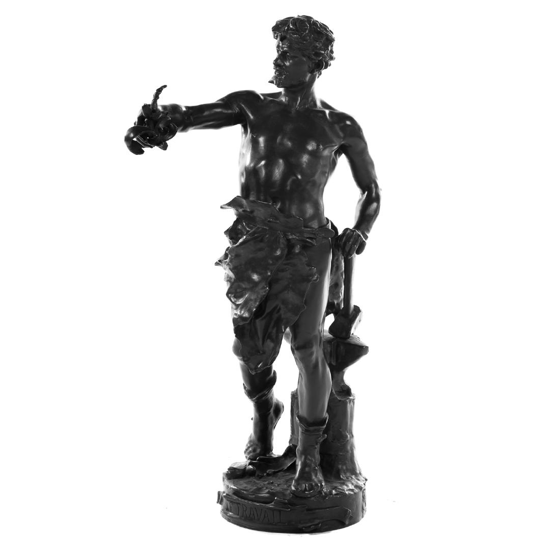 Eugene Marioton. Le Travail, Bronze Sculpture: (French, 1854-1933). modeled as a blacksmith in sheepskin clothing holding a candle in one hand and a hammer on on anvil, brown patina, signed in cast: "Marioton," title scroll on base inscribed "Le T