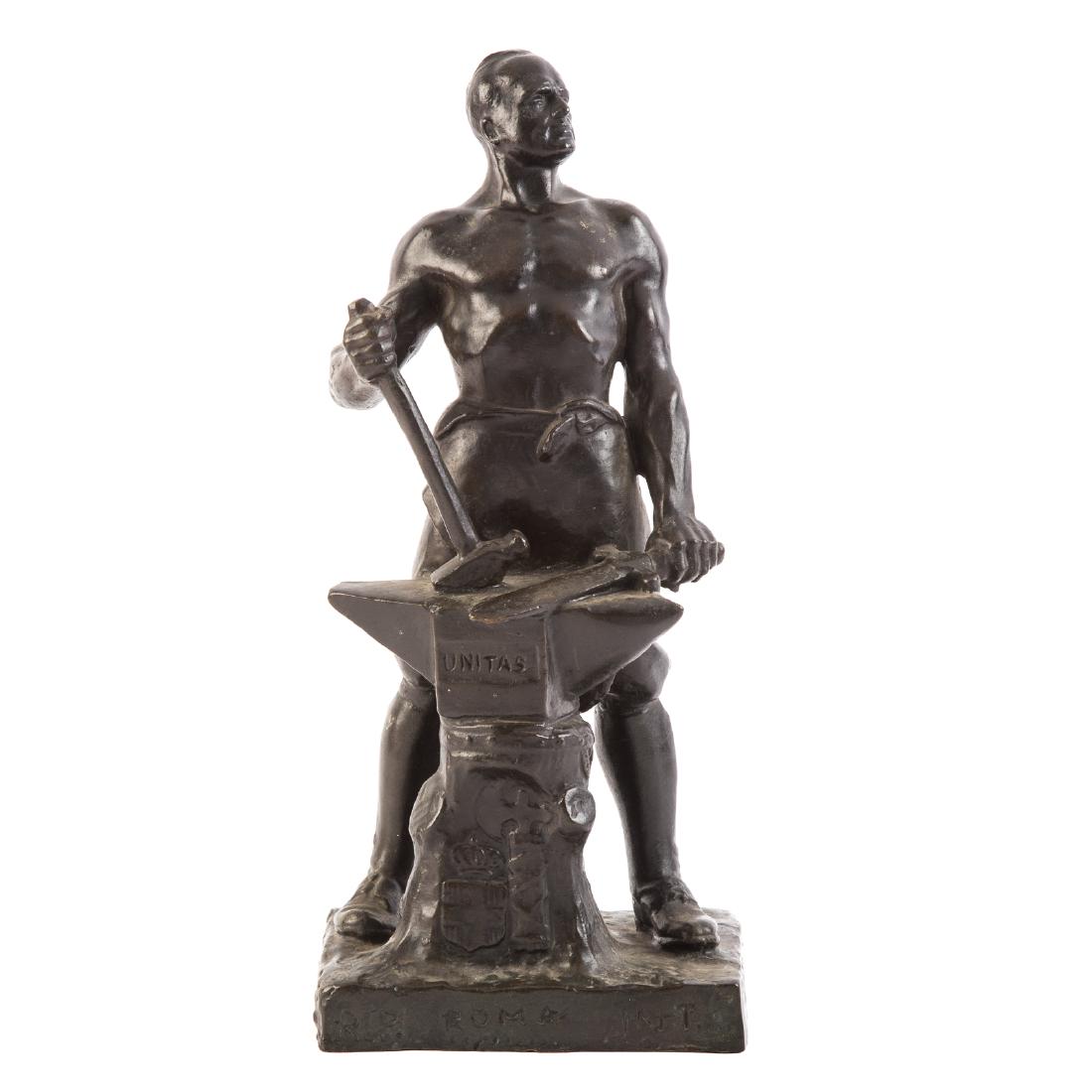 Pietro Piraino. "RIP. Roma Int." Bronze Sculpture: (Italian, 1878-1950). modeled as Benito Mussolini forging the New Roman Empire, dark brown patina, signed and titled in cast: "E. Piraino," "RIP. ROMA INT." 12 3/4 in. H.; Note - most of this cast and