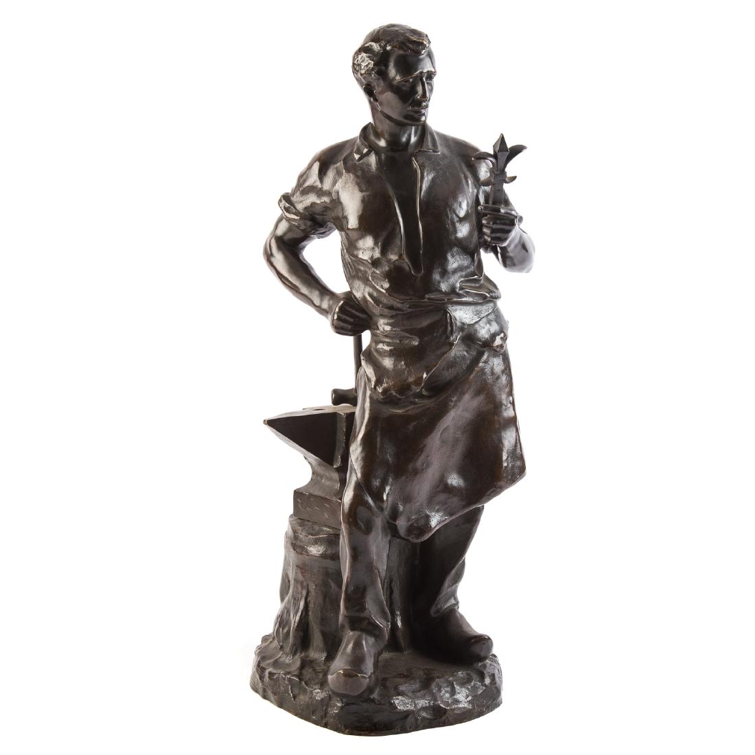 Ernest Bastin. Blacksmith, Bronze Sculpture: (Belgium, 1886-?). modeled as a blacksmith admiring his work, with hammer and anvil resting on stump, brown patina, signed in cast: "E. Bastin," 18 3/4 in. H.