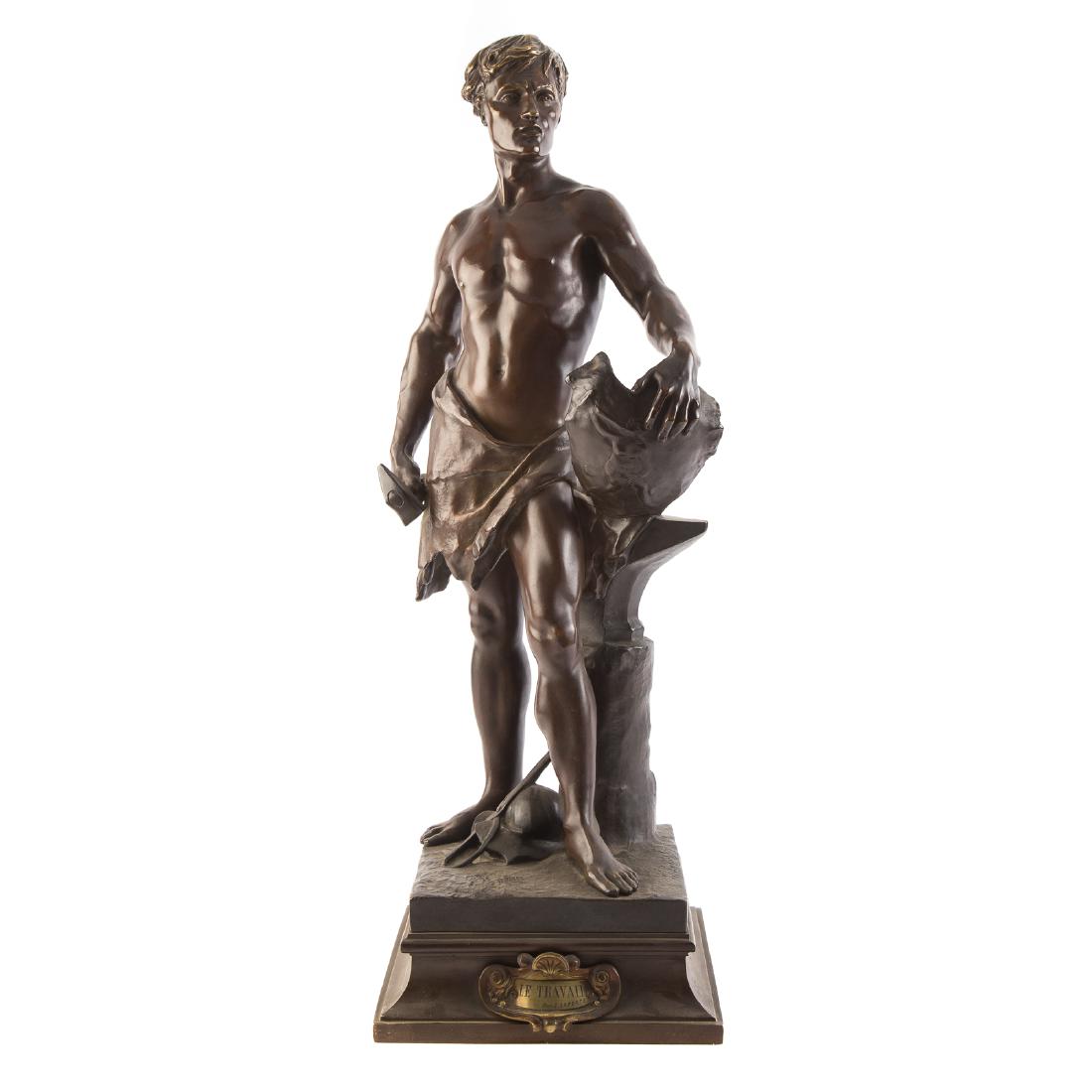 Emile Laporte. "Le Travail," Bronze Sculpture: (French, 1858-1907). modeled as a blacksmith in sheepskin with tools, helmet, and anvil on stump, reddish and dark brown patina, signed in cast "E. Laporte," gilt plate on base: "Le Travail Par E. Lap