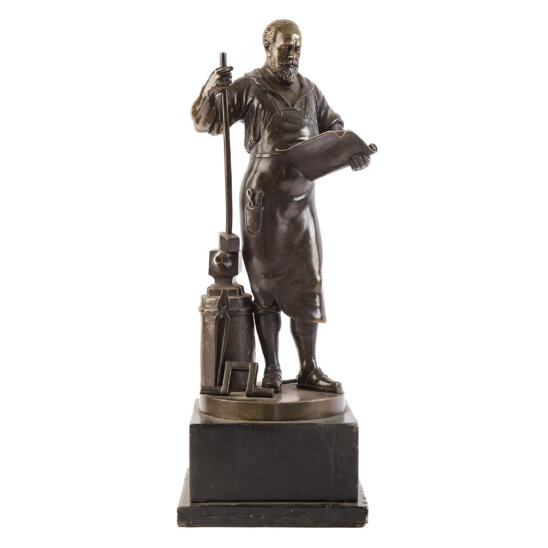 Otto Rasmussen. The Blacksmith, Bronze Sculpture: (German, 1845-?). modeled as a blacksmith with plans in hand, tools and anvil, plans in hand, light to dark brown patina, singed in cast "Otto Rasmussen fec," 16 in. H. of bronze, on stepped slate bas