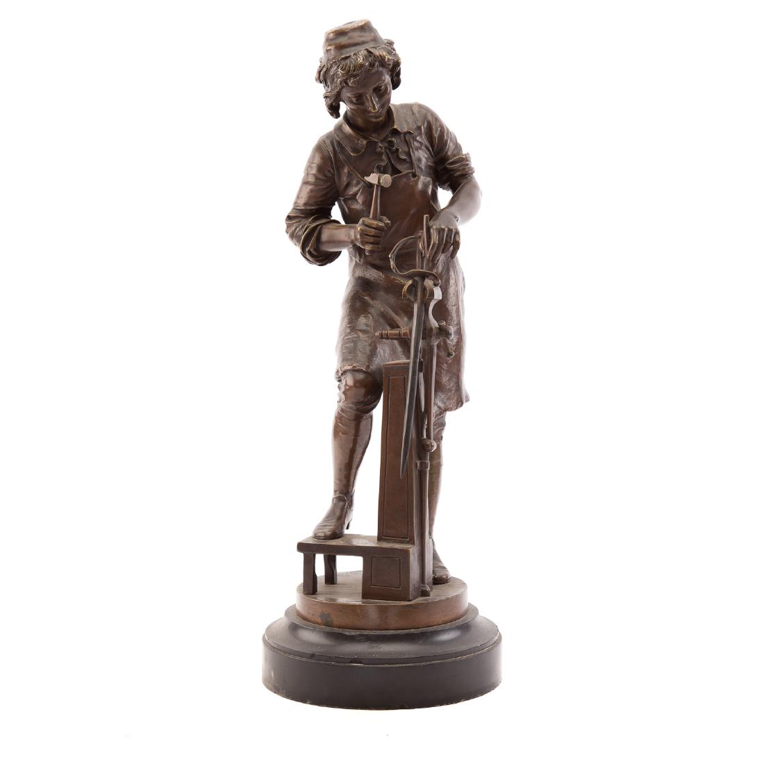 A. Espie. Bladesmith, Bronze Sculpture: (French, late 19th/early 20th century). brown patina, in form of an aproned mail working on a sword, signed in cast: "A. Espie," mounted on a slate socle base, 21 in. total H.