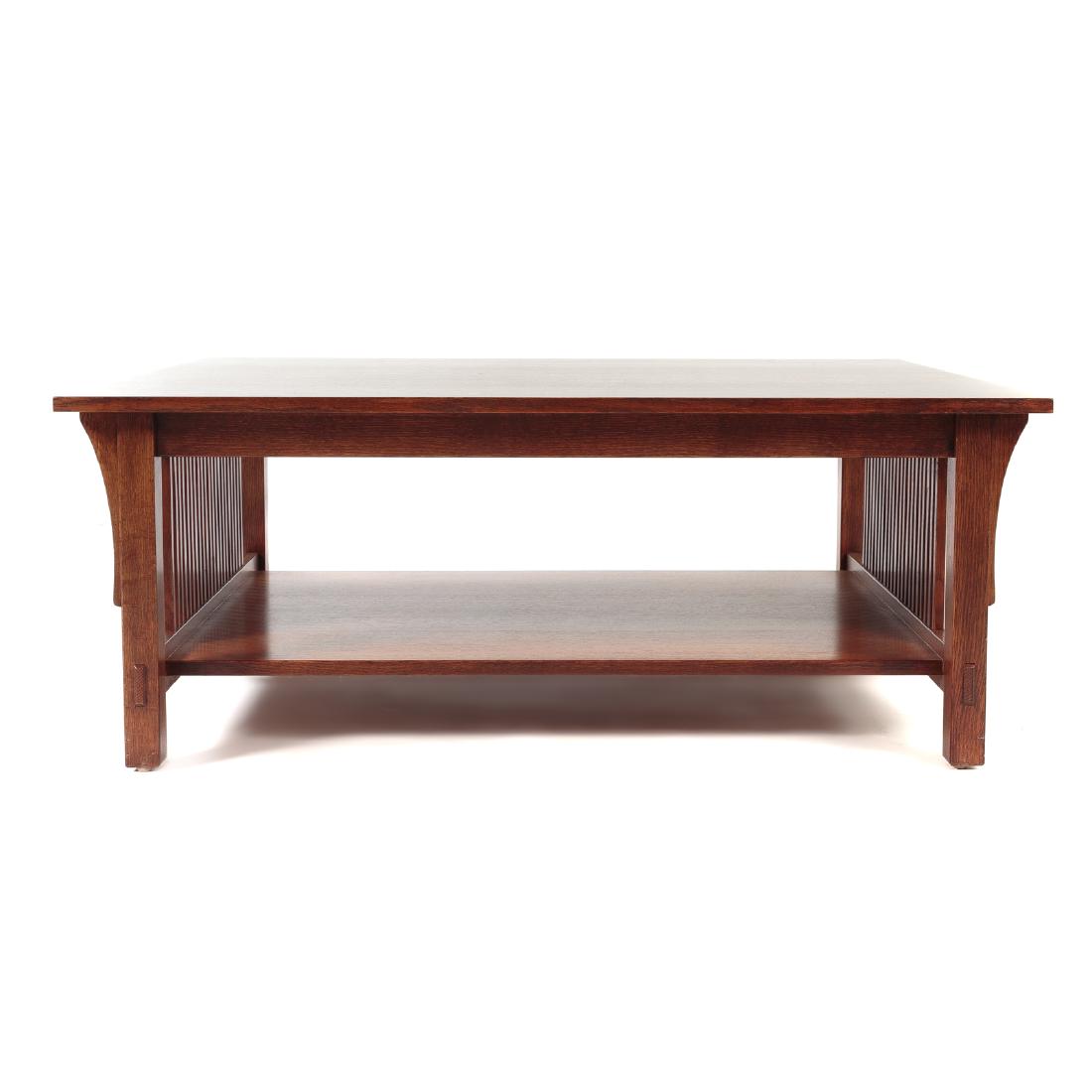 L & G Stickley Mission Style Coffee Table: 20th century, rectangle top, squared legs with exposed through-tenons connected by stretcher shelf, 17 in. H., 43 3/4 in. W, 36 in. D