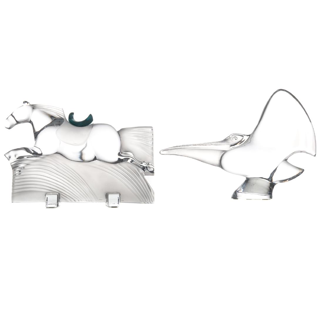 Daum France Crystal Horse and Pelican: Ming Racehorse with Pate de Verre saddle clear and frosted glass body, 8 in. H., 11 in. L. and pelican with frosted glass beak, 8 in. H., 11 in. L., both inscribed "Daum France"