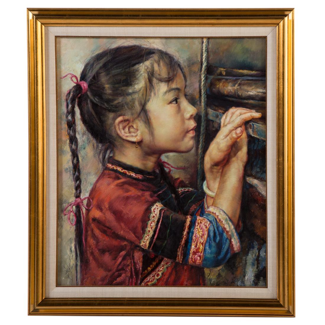 Lo Hing Kwok, aka. Wai Ming. "Curiosity", oil: (Chinese, b. 1938). Oil on canvas, signed and dated "Lo Hing Kwok, 1983" ll, 26 x 22 in., framed; Swanson Art Galleries, Ltd., San Francisco, CA