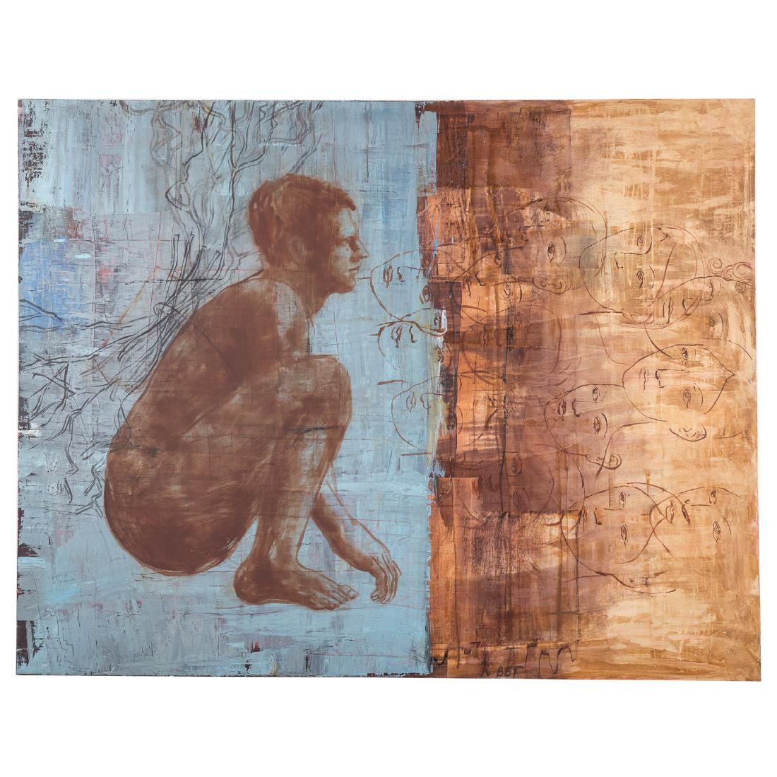 Brian Taylor. "Gathering": (American, 20th century). Mixed media on canvas, 2000, signed "BBT" lr, identifying information on verso, 47 x 60 in., unframed; From the private collection of James H. Williams, notable collector, ed
