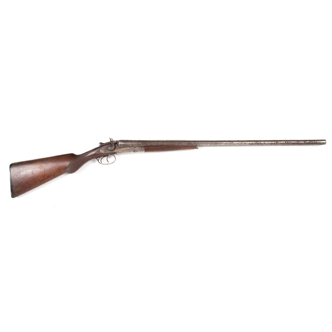 L.C. Smith Double Barrel Percussion Shotgun: Serial #57776, 1883 patent mark, F stamp on flat, 30 in. barrels, all numbers match, comes with cleaning rod, other cleaning tools, and wood case with detached name plate for Captain Otto Holstein