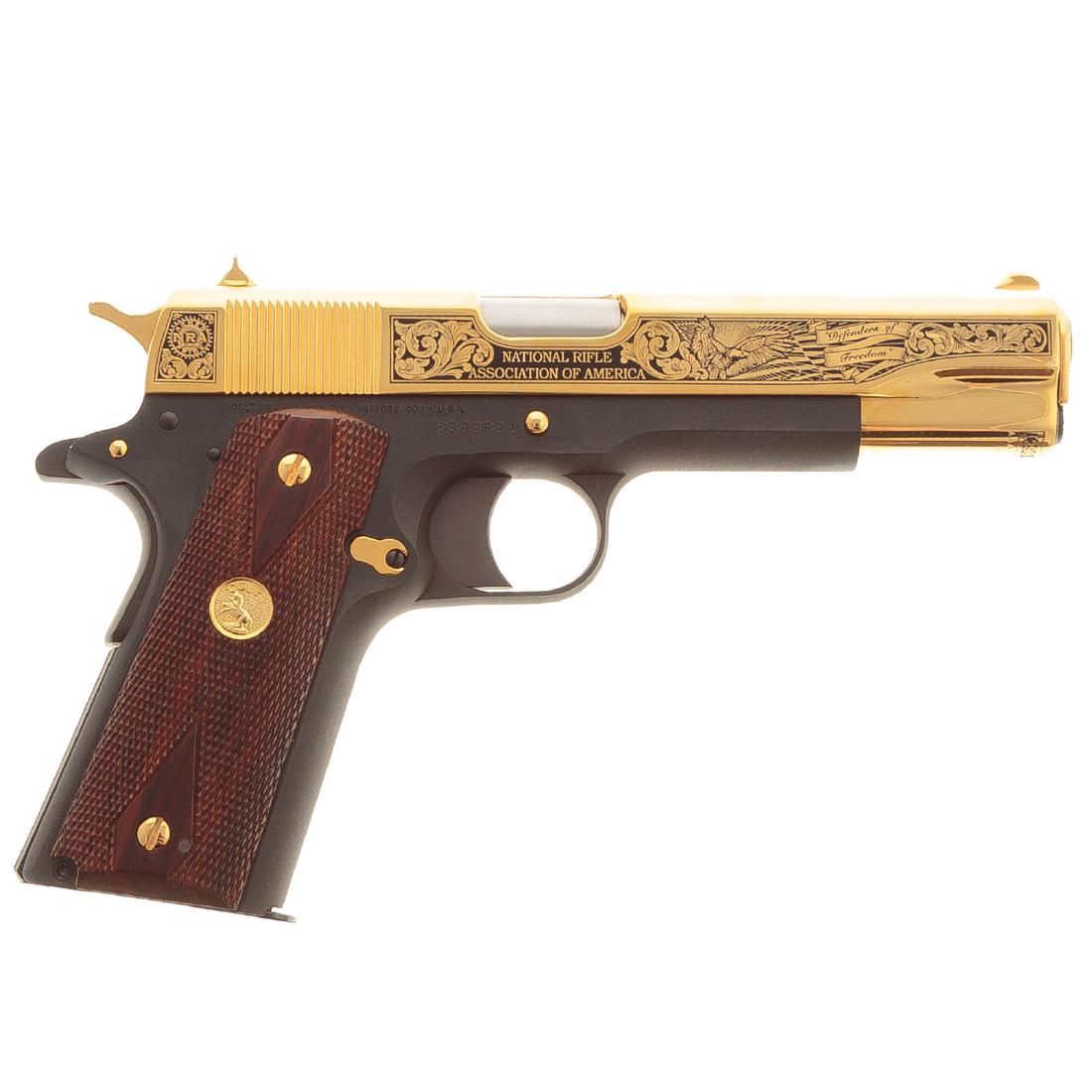 Colt 1911 .45 Caliber N.R.A. Tribute Semi-auto: pistol with case, America Remembers limited edition 298/300, engraved 5 in. barrel and gold-plated slide, Serial #2809594, with case
