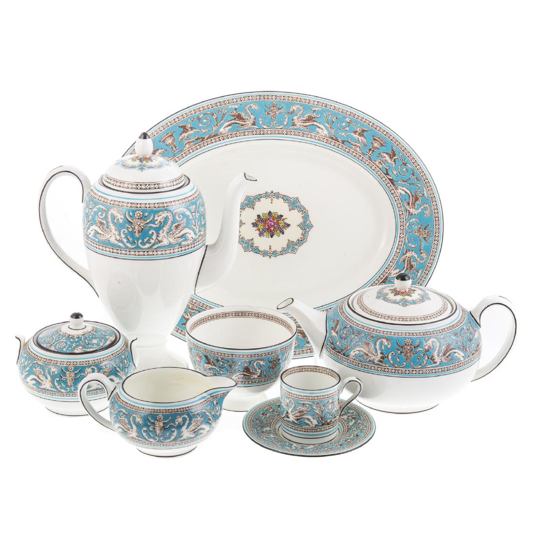 Wedgwood China,Turquoise Florentine Dinner Service: assembled partial dinner service, approximately 260 pieces, includes; 54 dinner plates, 34 dessert plates, 22 bread plates, 14 bouillon cups, 14 underplates, 36 tea/coffee cups, 50 saucers, 5 coffee c