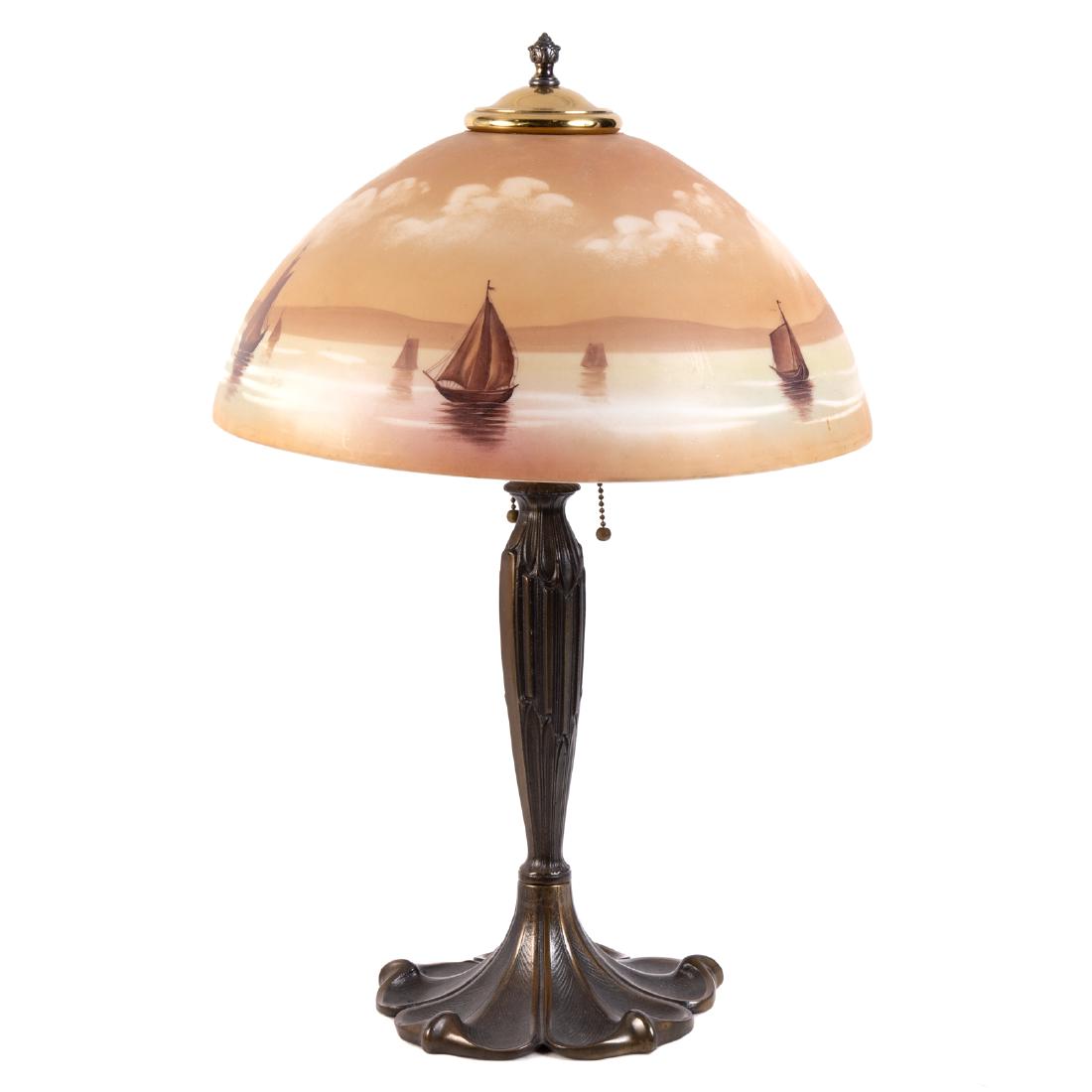 Arts & Crafts Table Lamp With Painted Glass Shade: first quarter, 20th century; metal base with bronze patina and painted milk glass shade with scene of sail boats on the horizon, 23 in. H., shade-15 1/2 in. Diam.