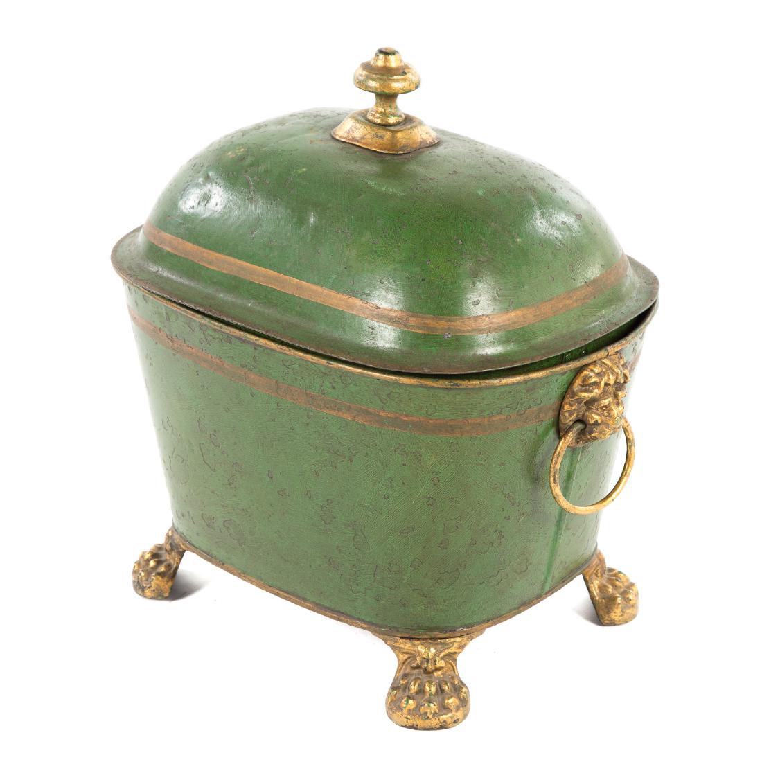 Victorian Toleware Cellarette: second half, 19th century; ovoid form, with gilt knop lions mask ring handles and paw feet, and gilt accents, 16 in. H., 17 in. W.