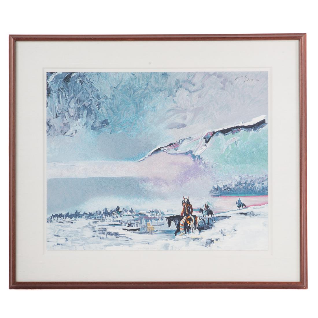 Earl Biss. "War Shield's Winter Vision": (American, 1947-1998). Serigraph, ed. 91/175, signed "Biss" ur, sheet size: 24 1/2 x 30 1/2 in., framed