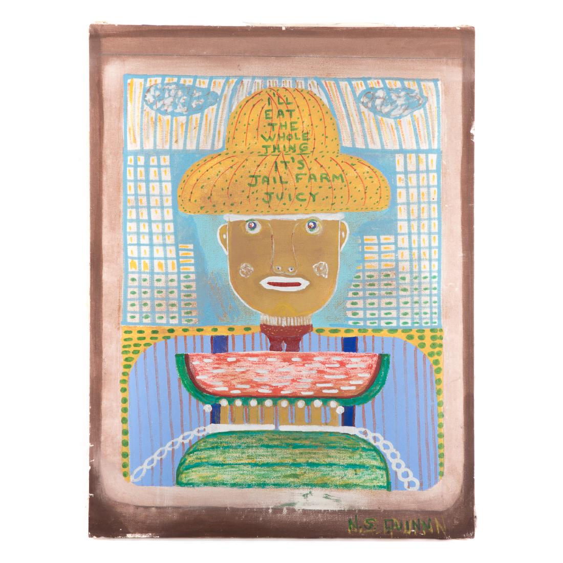N.S. Quinn. "Watermelon's Aren't Worth...": "Watermelon's Aren't Worth the Price You Pay Today." Norman Scott "Butch" Quinn. (American, 1939-2006). Acrylic on canvas, 1987, signed "N.S. Quinn" lr and signed and titled on verso, 21 x 28 in., unf