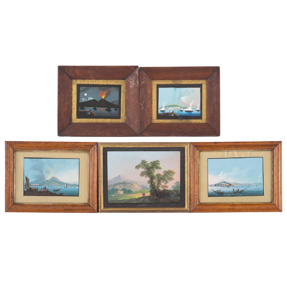 Five Late 19th Century Italian Gouaches: 1.) Two pairs of Neapolitan gouaches depicting views of Mount Vesuvius, unsigned, 6 1/2 x 9 in. and 6 x 7 1/2 in., each framed 2.) "La Cava," unsigned, 10 x 13 1/2 in., framed