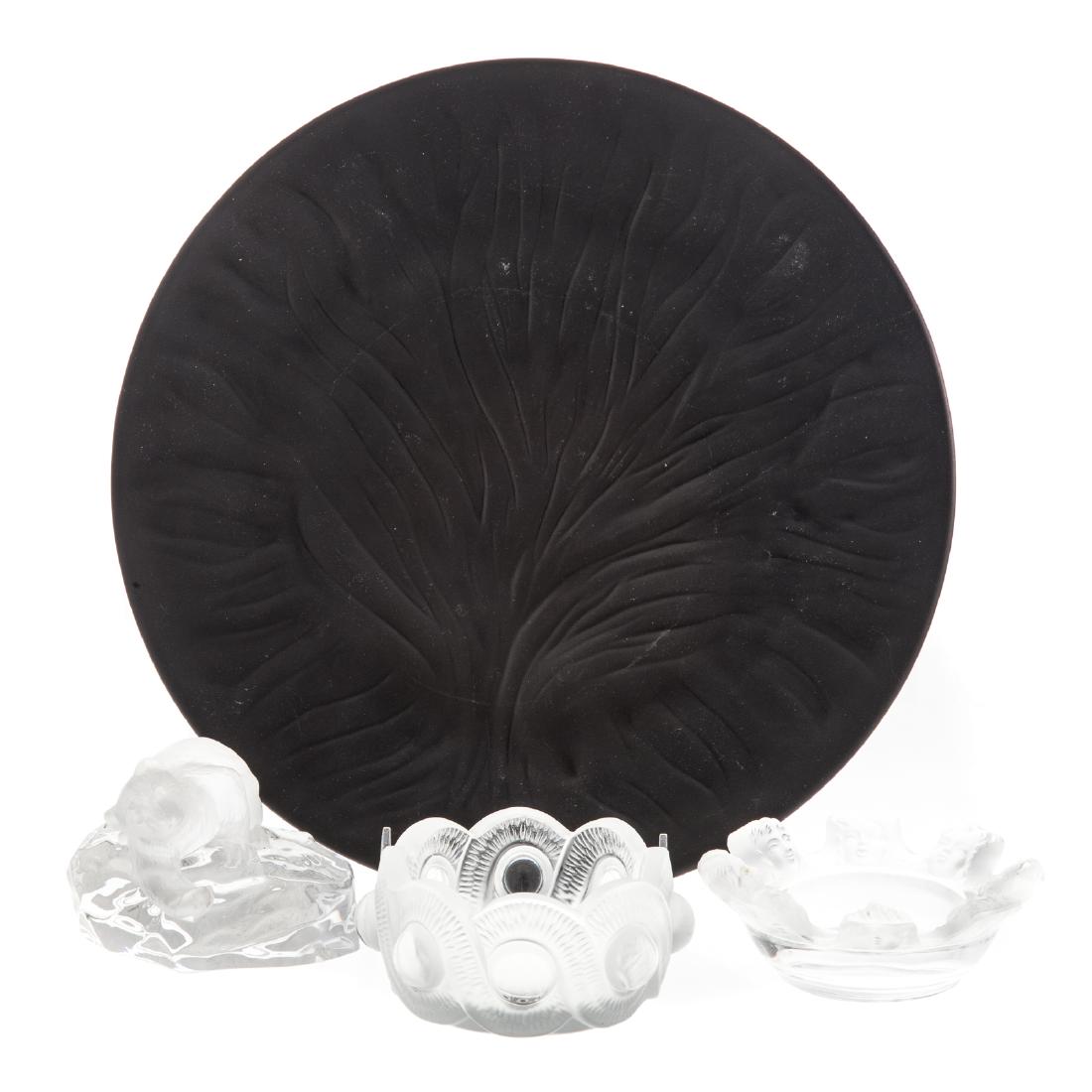Three Lalique Articles And Igor Faberge Bear: includes: Lalique amethyst crystal "Tree of Life" plate, 11 in. Diam., Lalique partially frosted crystal "Pearl" bowl, 4 in. Diam., Lalique partially frosted crystal "Nicholas/Cherub" ashtray, 4 in. D