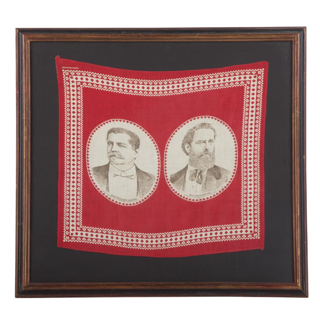 Hancock & English Campaign Bandanna: circa 1880; "Cochrane's Turkey Red" black and white printed cotton bandanna with portraits of presidential candidate Winfield Scott Hancock and running mate William H. English, 19 in. H., 21 in. W., i