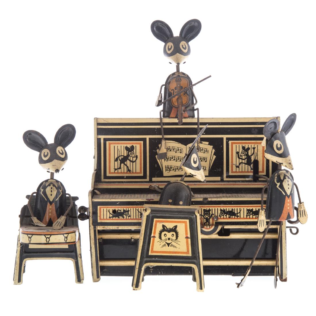 Marx Tin Windup Merry Makers Mouse Band: circa 1930s; mouse quartet situated around piano, comprising; three musicians and dancer, in working order